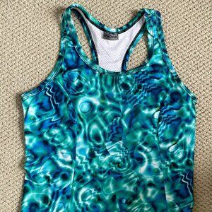SHEBEEST  Woman's Running/cycling Tank, Med has back pocket Aqua water Swirls